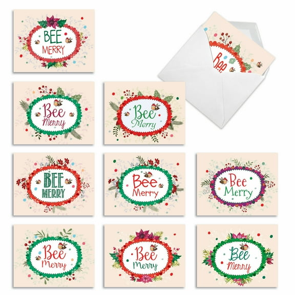 10 Merry Christmas Note Cards Pack (4 x 5.12 Inch) - Let It Bee Christmas