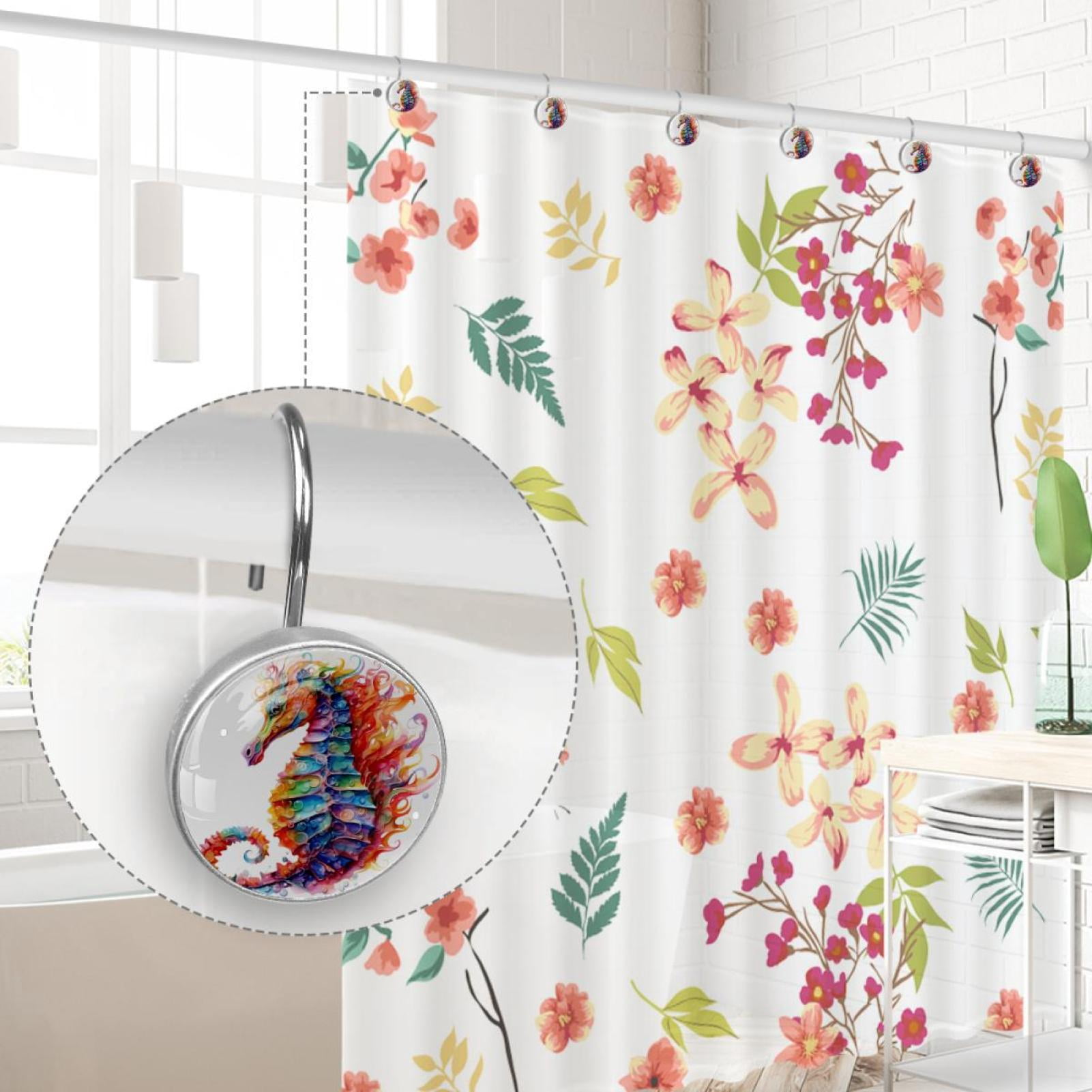 Seahorse Shower Curtain Hooks （Set of 12） for Home Hotel Shower Rods Bathroom Crystal Glass Print Stainless Steel Round Curtain Hooks