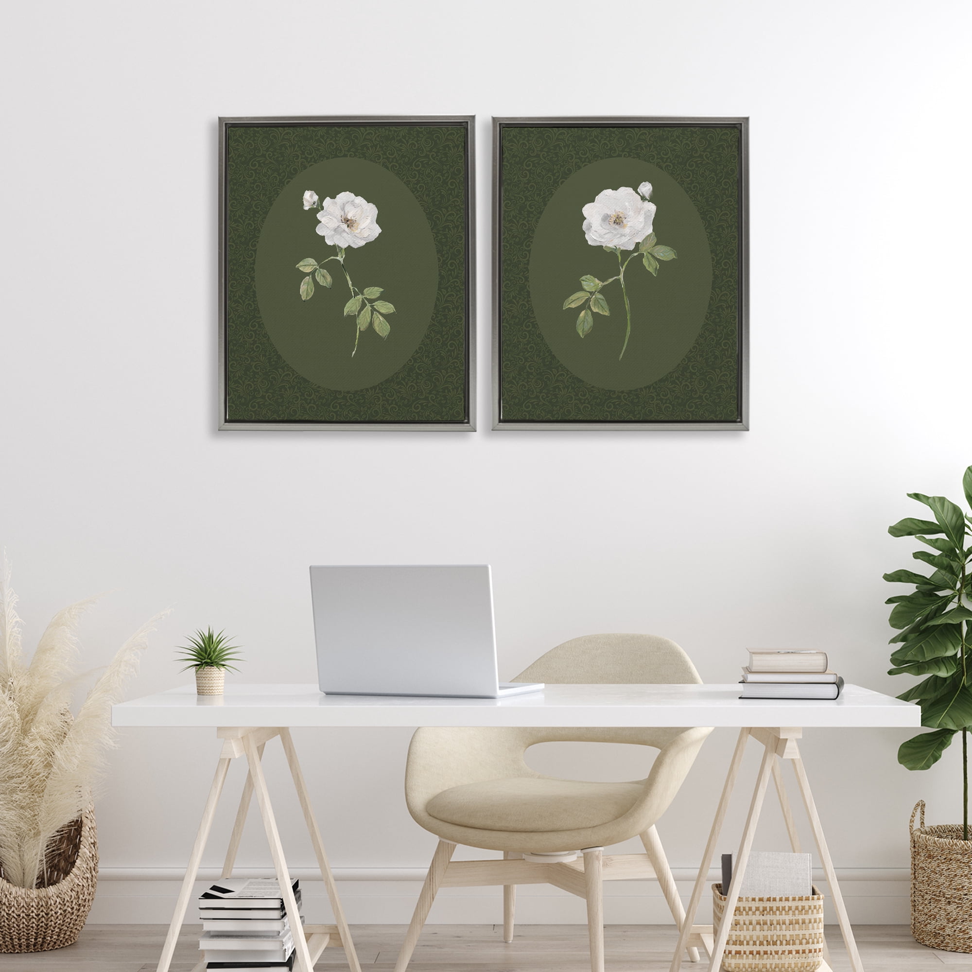 Stupell Industries Ornate Rose Studies over Emerald 2 Piece Gray Framed Floater Canvas Set, design by Sally Swatland