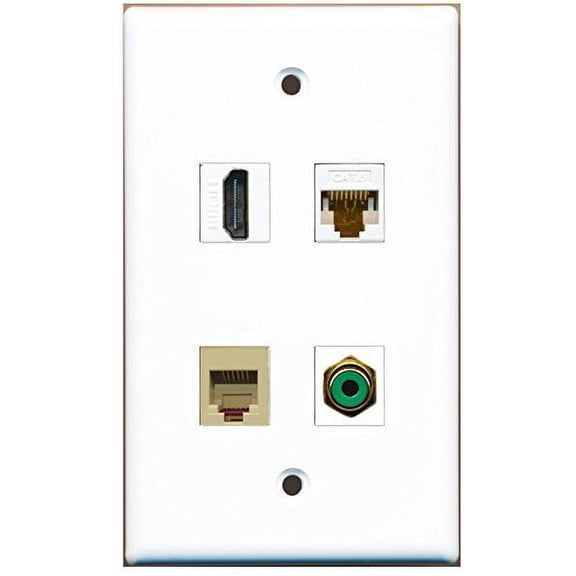 RiteAV - 1 Port HDMI 1 Port RCA Green 1 Port Phone RJ11 RJ12 Beige 1 Port Cat6 Ethernet White Wall Plate