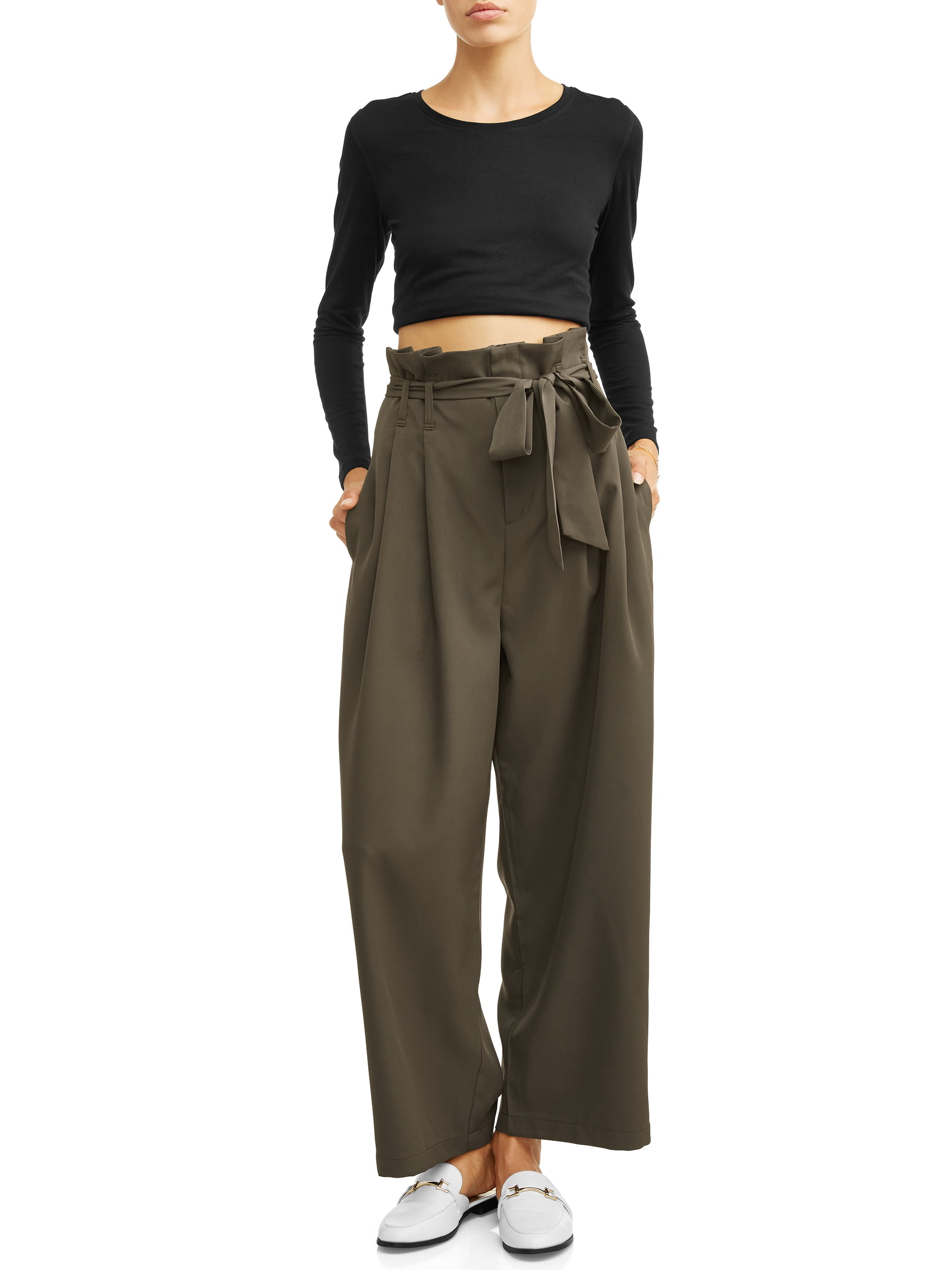 Juniors' Paper Bag Wide Leg Pants w 