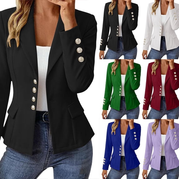 Chiccall Fitted Waist Long Sleeve Blazer Jacket for Women Solid Notched Collar Button Open Front Peplum Suit Coat with Pockets