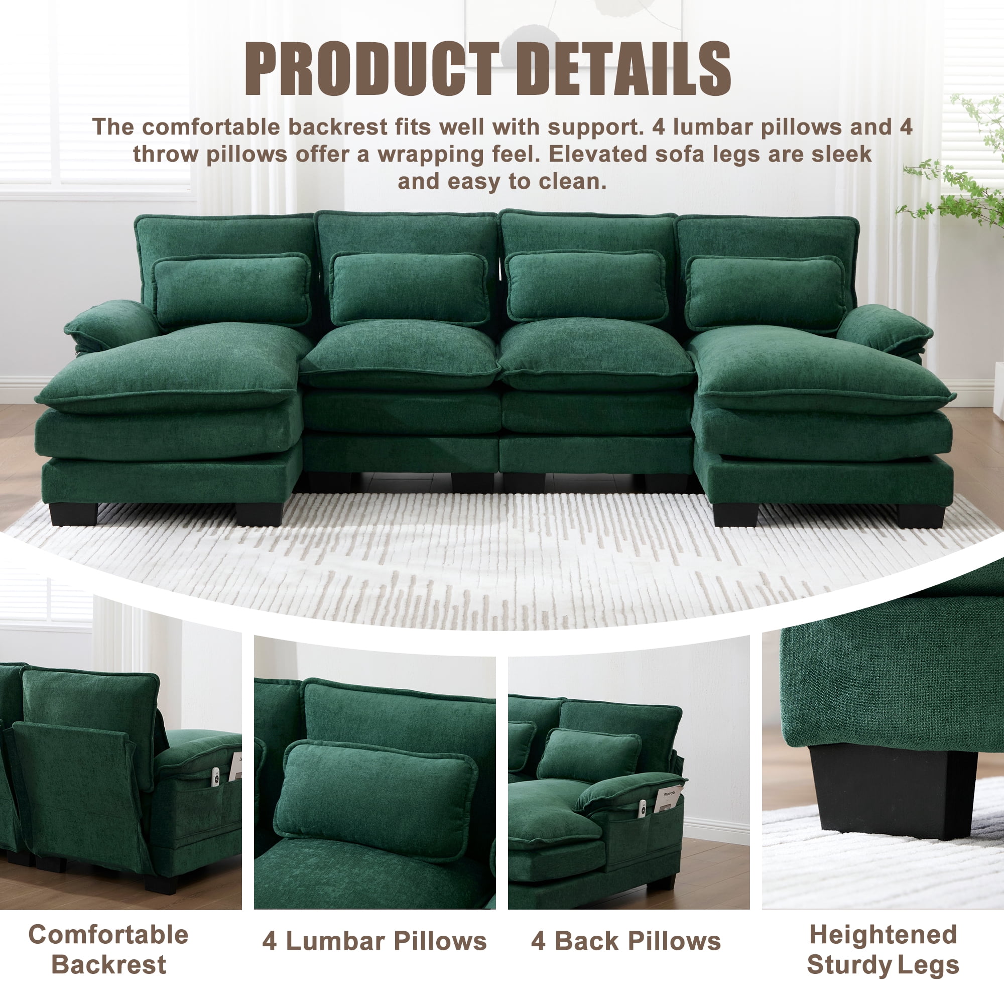 MOONMISS Chenille Upholstered U-Shaped Modular Wood Frame Sleeper Sectional Sofa with Double Chaise-Emerald