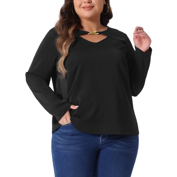 Blusa básica de mujer plus size Agnes Orinda, con cuello en V, manga larga, corte frontal con cadena metálica, talla 2X, color negro