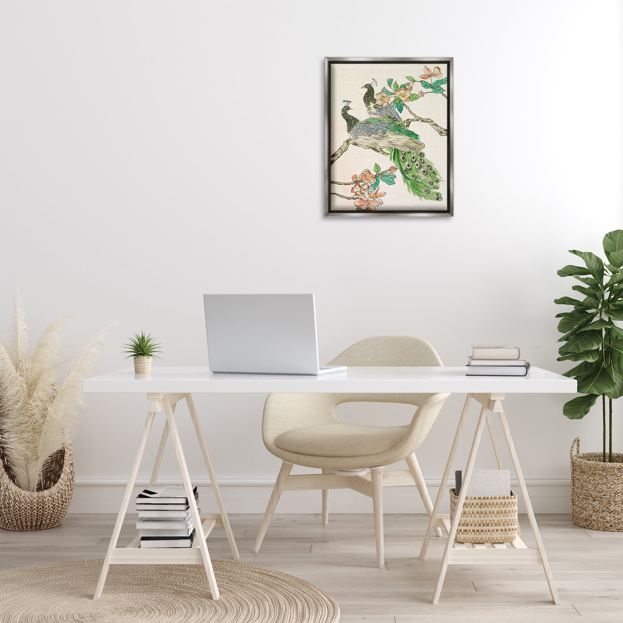 Stupell Industries Peacock Perched on Branch Animals & Insects Painting Gray Floater Framed Canvas Art Print Wall Art, 17 x 21