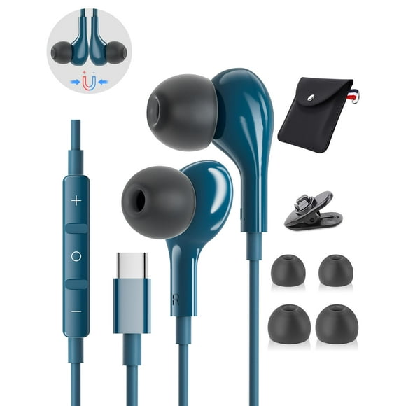Auriculares USB C con cable, intraurales magnéticos con micrófono