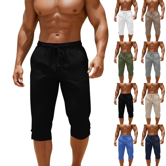 YTCAMLO Oversized Capri Pants for Men Athletic Slim Fit Workout Pants with Pockets Moisture Wicking Below Knee Long Shorts for Gym Hiking, Black S