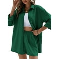 thumbnail image 5 of Michellecmm Women 2 Piece Outfits Solid Color Loose Long Sleeve Button Shirt and Casual Elastic Shorts Club Streetwear, 5 of 6