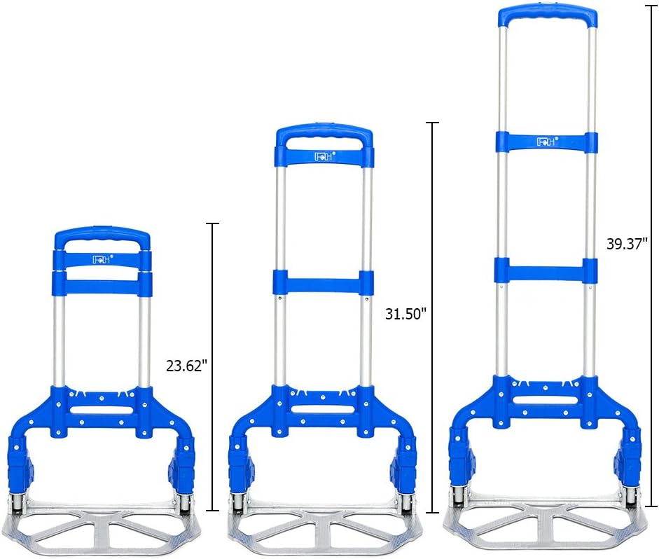 Portable Folding Hand Truck Dolly Cart, 165 lb Capacity Aluminum Collapsible Luggage Cart with Telescoping Handle, Lightweight Foldable Trolley for Travel, Moving, Shopping, Office, Home Use, Blue