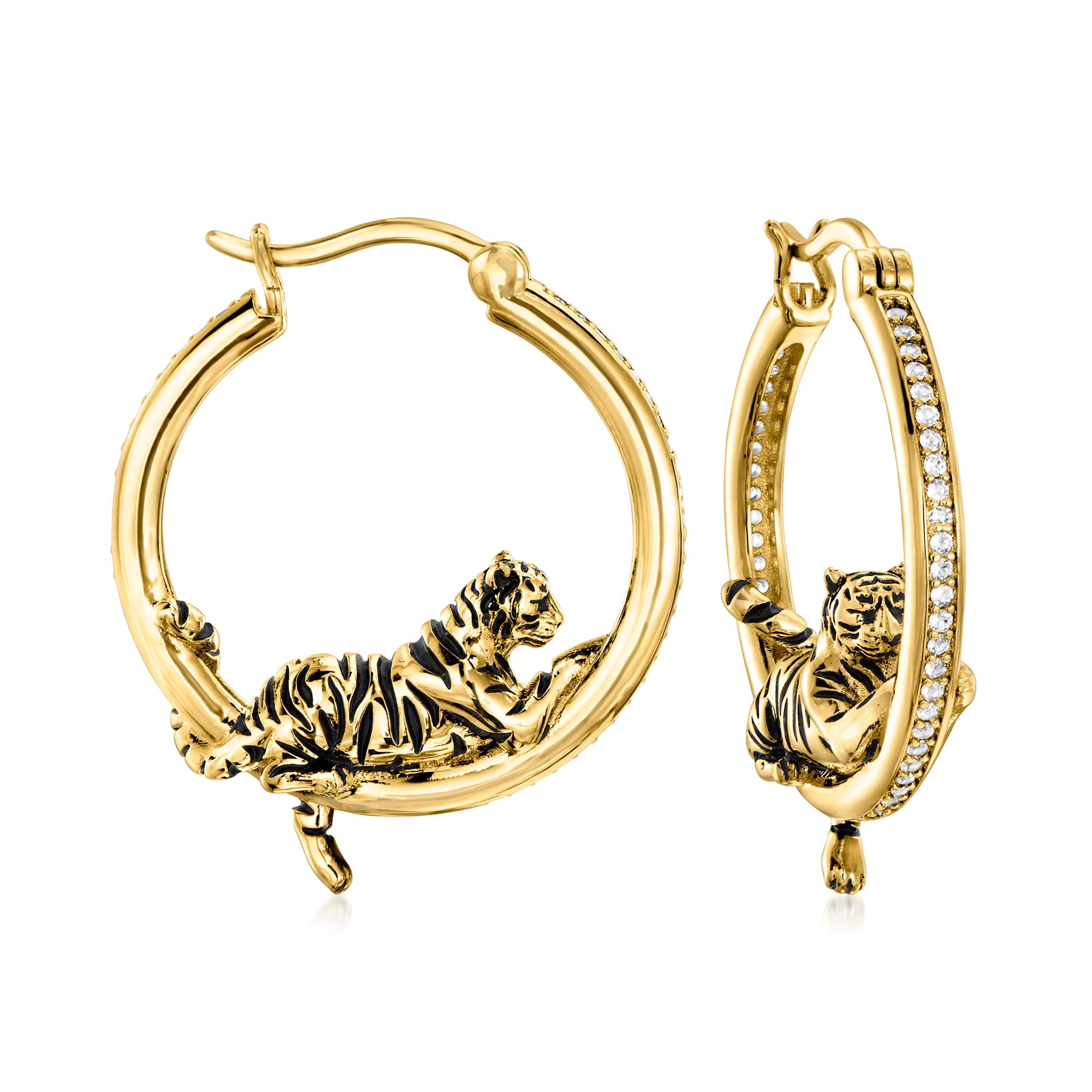 Ross-Simons 0.60 ct. t.w. White Topaz and Black Enamel Tiger Hoop Earrings in 18kt Gold Over Sterling, Women's, Adult