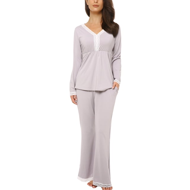 Pijamas de manga larga para mujer ropa de dormir suave conjunto Light greyXL Suzicca Gris claro XL