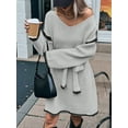 thumbnail image 5 of Tie-Waist Loose Knitted V-Neck Long Sleeved Autumn Dress Contrast Sleeves Pullover Sweater Dress Light Gray L, 5 of 9
