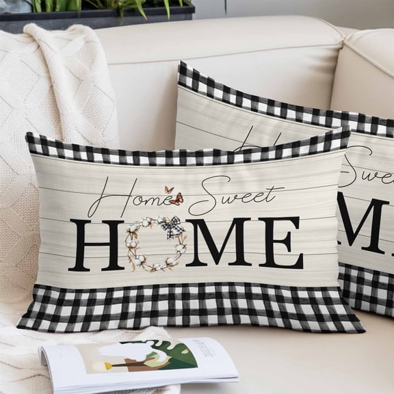 Farmhouse Home Lumbar Pillow Covers 12x20 Inch, Black Plaid Vintage Wood Grain Butterfly Decorative Pillowcase with Zipper, Microfiber Pillow Protector Throw Pillowcases for Couch Sofa Bed