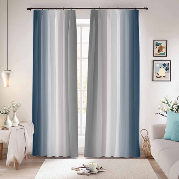 Navy Blue Grey Blackout Curtains for Bedroom/Living Room, Pinch Pleated Black Out Curtains, Gray Farmhouse Modern Rustic Room Darkening Window Drapes with Hooks 2 Panels, 39"x70"