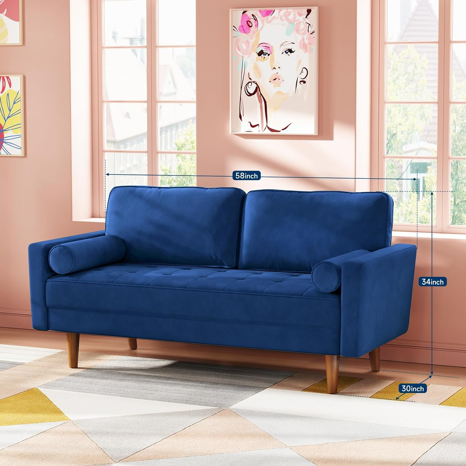 Neche 59" Velvet Spring Sofa Couch for Living Room, Office, Small Space, Solid Wood Leg, One Box,Blue