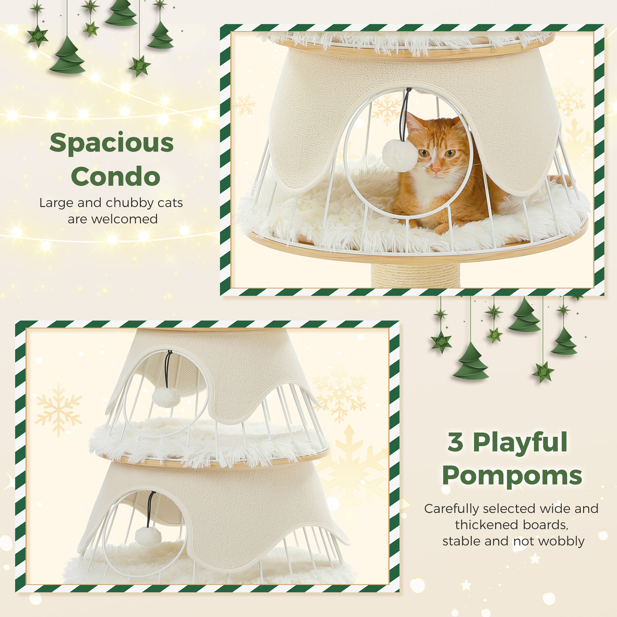 PAWZ Road 51.2" Christmas Cat Tree for Indoor Cat Modern Cat Tower with 3 Cat Condos and Scratch Post, White