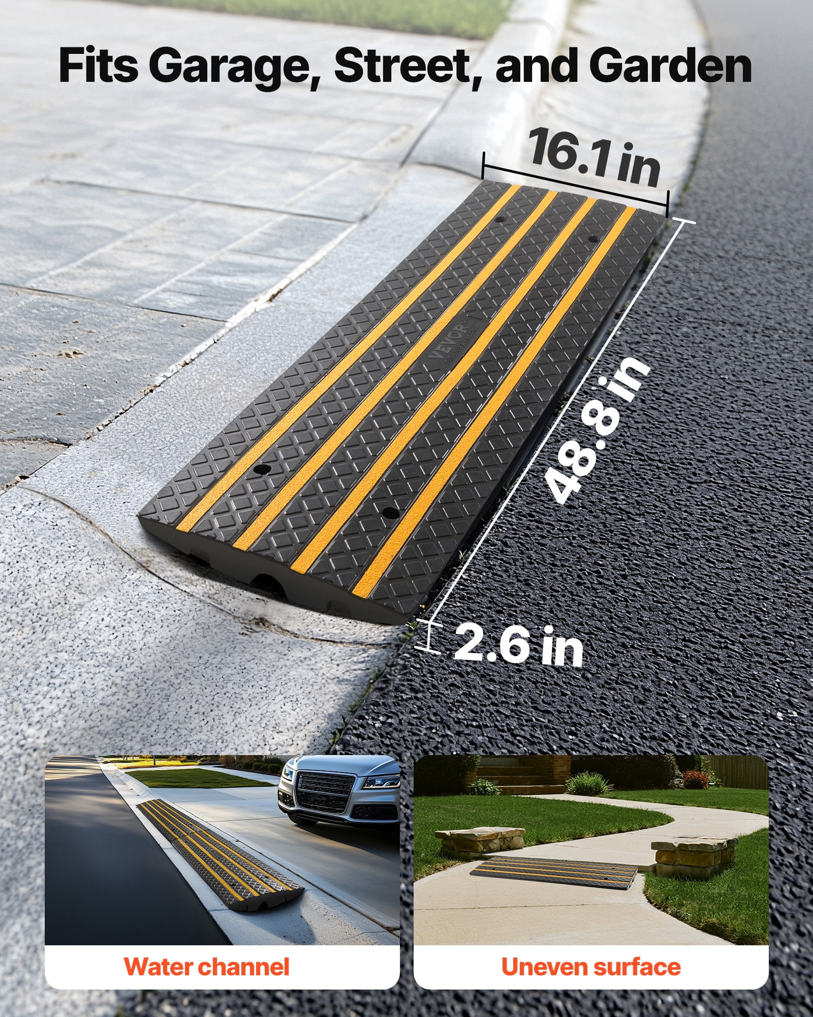 VEVOR Car Driveway Rubber Curb Ramp, 33069 lbs Load Capacity, 2.6 inch Rise Curbside Bridge Ramp with Yellow Reflective Strips, Suitable for Loading Dock, Warehouse, Garage, Sidewalk (2 Pack)