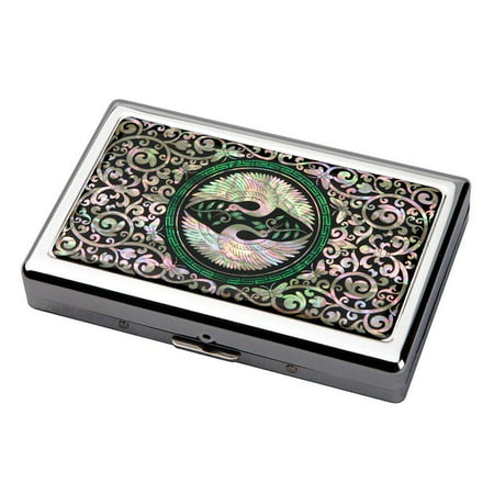 Mother of Pearl Double Crane Bird Extra Long 100S Super Slim King Size 16 Cigarette Engraved Metal Steel RFID Blocking Protection Credit Business Card US Bill Currency Cash Holder Case Storage