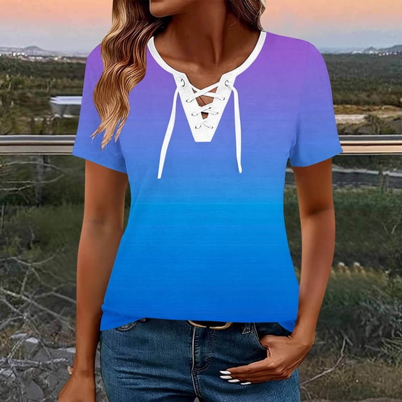 Uootdi Women's Tees Round Neck Short Sleeve Lace Up Gradient Print Tops Casual Street Style Soft Stretchy Relaxed Fit Tees Gift