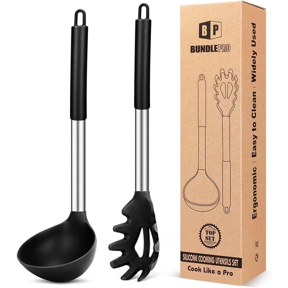 Silicone Pasta Fork and Ladle Spoon Set, Large Non Stick Kitchen Utensils for Cooking,Stirring,Serving Spaghetti, Soup, Sauce (BLACK)