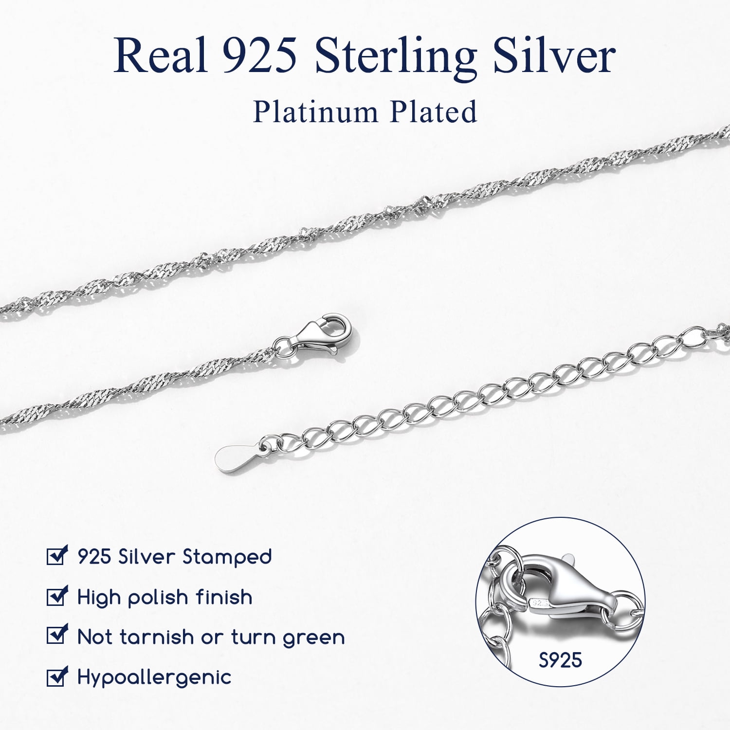 Suplight 925 Sterling Silver Women Necklace Waterwave Chain for Women 2mm 18"22" Slim Chain Jewelry Gift