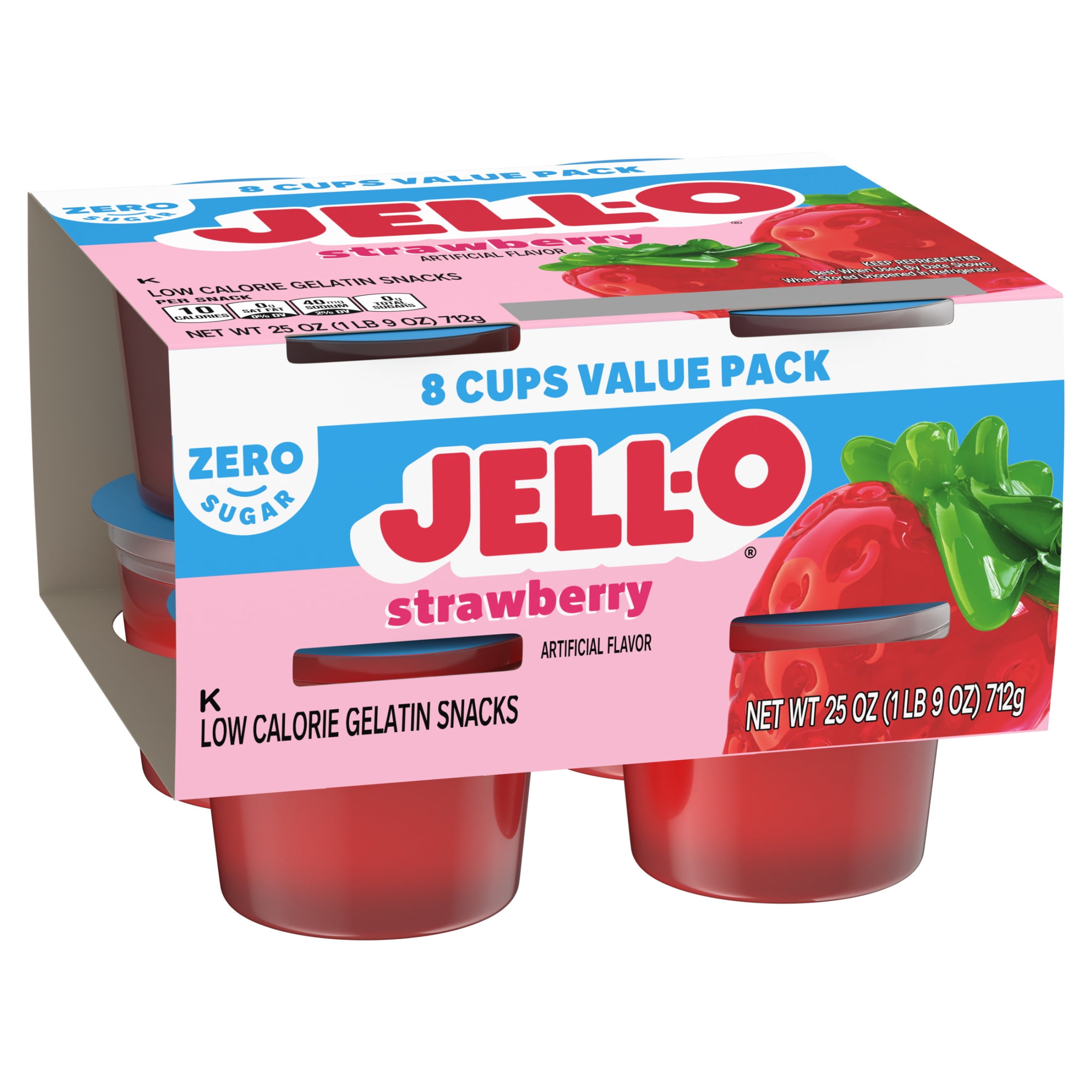 Jell-O Strawberry Artificially Flavored Zero Sugar Ready-to-Eat Gelatin Snack Cups Family Size Pack, 8 ct Cups