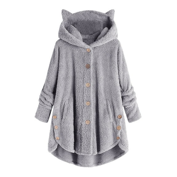 KIHOUT Spring Winter Warm Coat Women Button Coat SolidTops Hooded Pullover Loose Sweater Blouse Plus Size,Size S-5XL