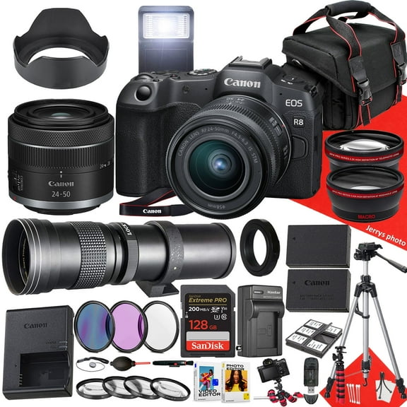 Canon EOS R8 Mirrorless Camera with 24-50mm and 420-800mm Lens   128 GB Memory   Hood   Filters   Tripod   More (31pc Bundle)