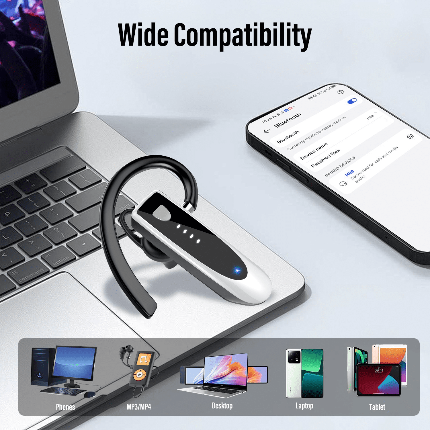 Bluetooth Headset V5.4, Single-Ear Wireless Earpiece with ENC Noise Canceling Mic, 20Hrs Call Time Handsfree Wireless Earbuds, 180 Hrs Standby Time Headphones for iOS Android /Office/Drivin