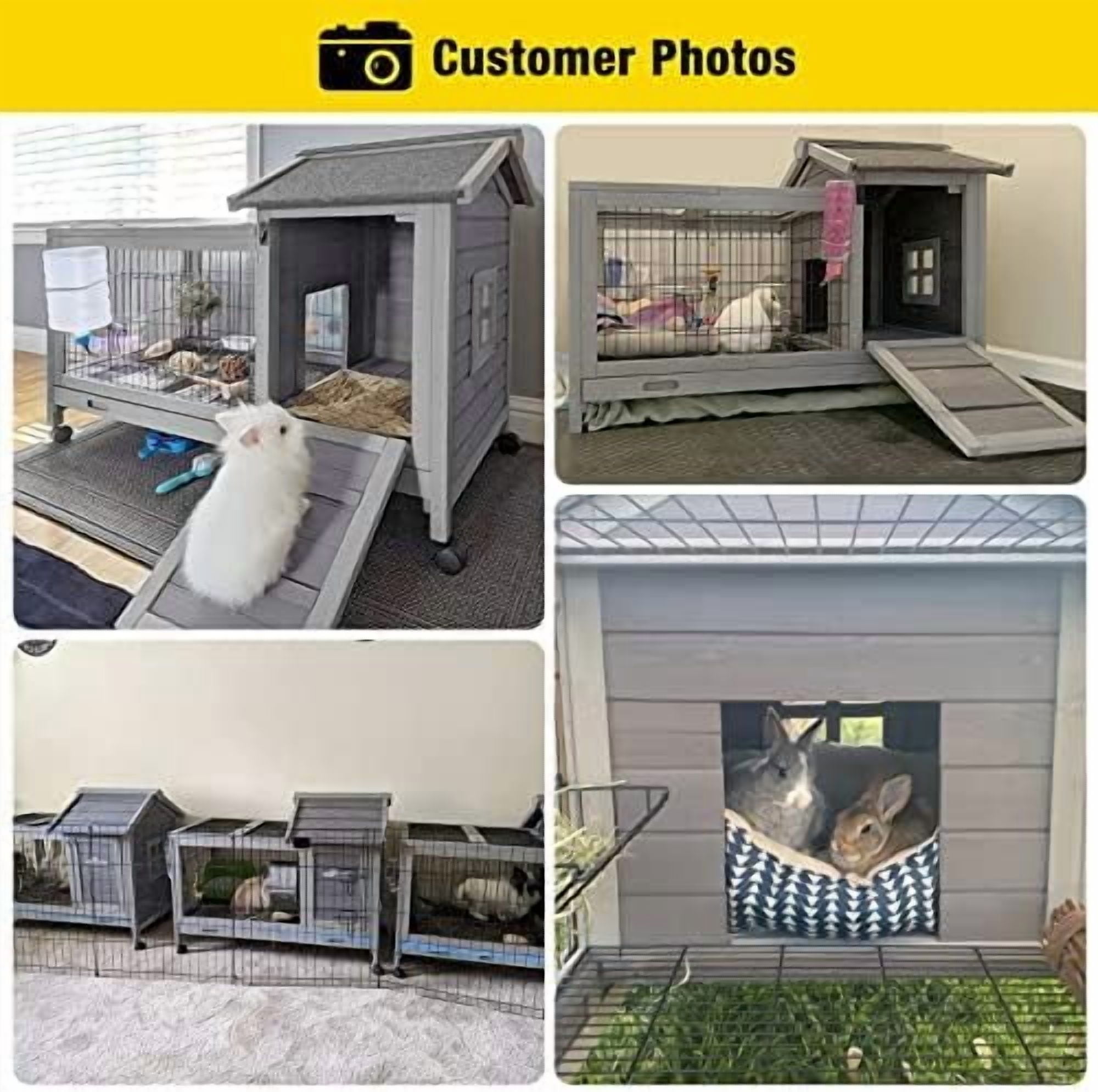 Wooden Rabbit Hutch with Removable Wire Floor Grid, Bunny Cage with Deeper Leakproof Tray 4 Wheels Include