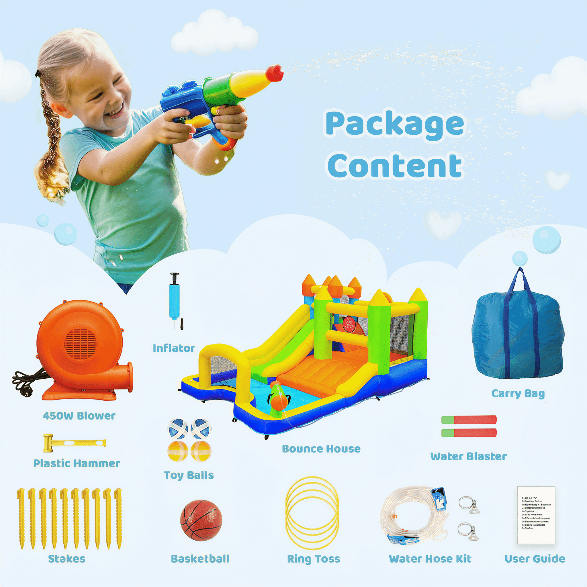 TLSUNNY Inflatable Bounce House for Kids , W/ Water Slides, Climbing Wall, Splash Pool, Soccer Goal, Water Cannon, Bounce Castle for Outdoor Backyard Party