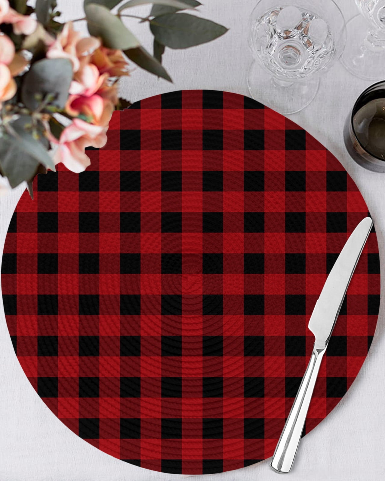Round Placemats Set of 4 Christmas Buffalo Plaid Place Mats Washable Woven Placemat Red and Black Checkered Circle Braided Table Mat for Kitchen Dining Table Party Home Decor 15 Inch