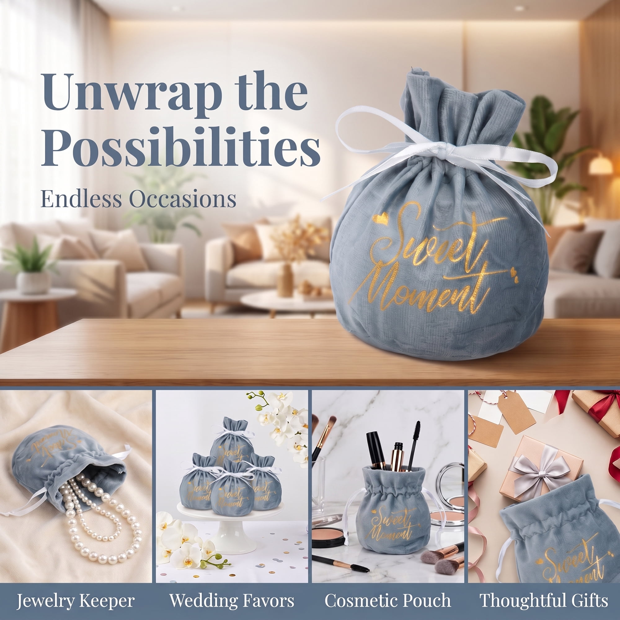 Unique Bargains 6Pcs Velvet Gift Drawstring Bags Set Gray 5.9" x 5.1"