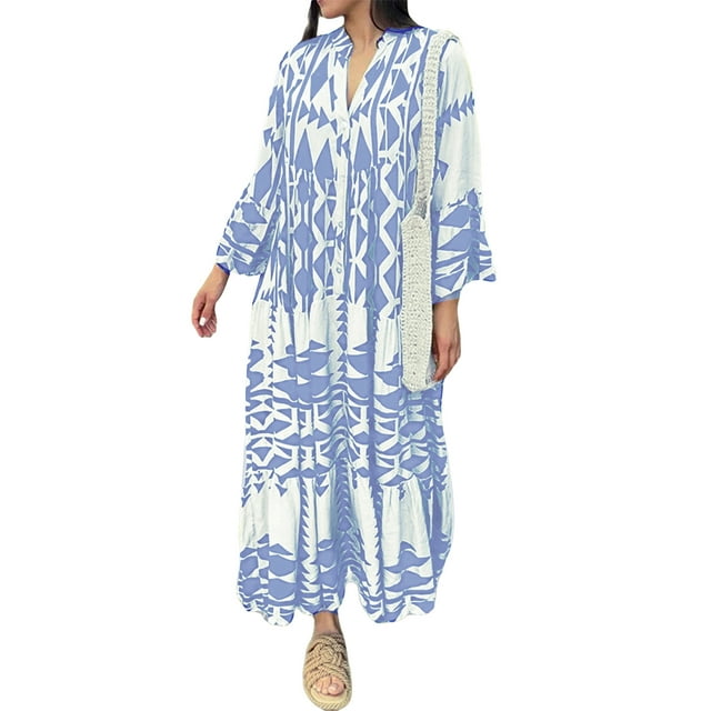 Fortune Robe Longue Bohème pour Femme Grande Taille à Manches Longues, Boutonnée, Robe Chemise à Imprimé Géométrique, Coupe Ample Évasée, Tailles P-4TG