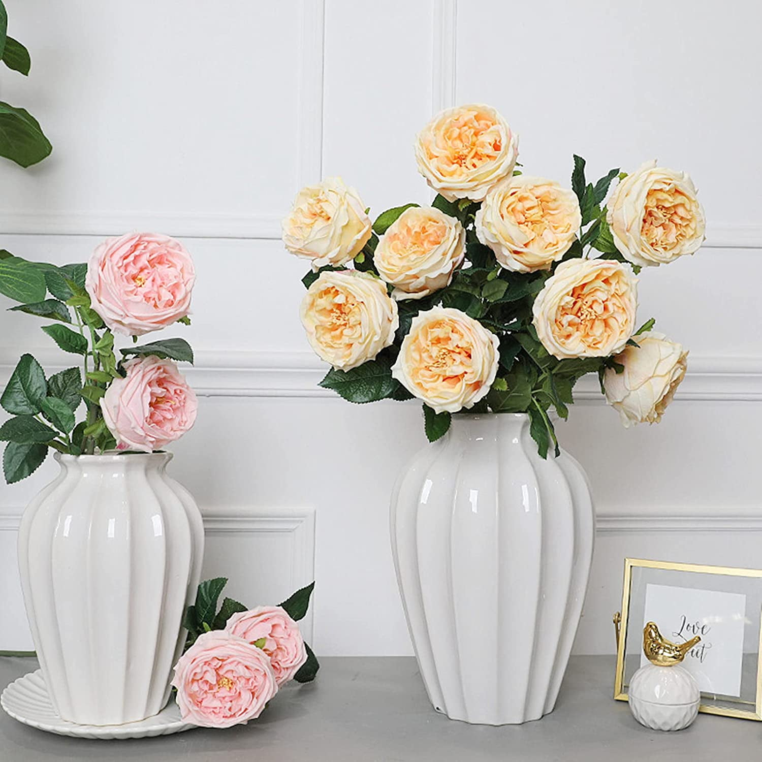 UKELER Artificial Roses 4 Pcs Real Touch Artificial Flowers Champagne Austin Rose Peony with Stem for Home Decor Flower Arrangement Wedding Party Decoration