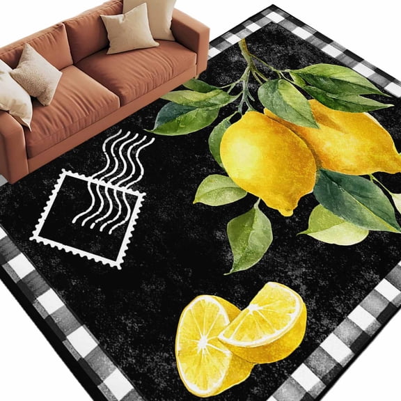 Yellow Lemon Area Rugs Collection 5'x8', Summer Botanical Black White Checkered Non Slip Indoor Rectangle Throw Runner Rug Floor Mat Carpet for Living Room Dining Table Bedroom Nursery