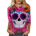 thumbnail image 2 of Xdegoge Womens 3/4 Sleeve Tops Casual Crewneck Day Of The Dead Sugar Skull Print Loose Fit Tees for Halloween Festival Holiday Everyday Wear, 2 of 5