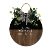 Eveokoki Please Remove Your Shoes Front Door Sign Funny Wreaths Hanging Wooden Plaque Decoration Round Rustic Wood Farmhouse Porch Decor for Home Front Door Decor, 11 x 11 Inch