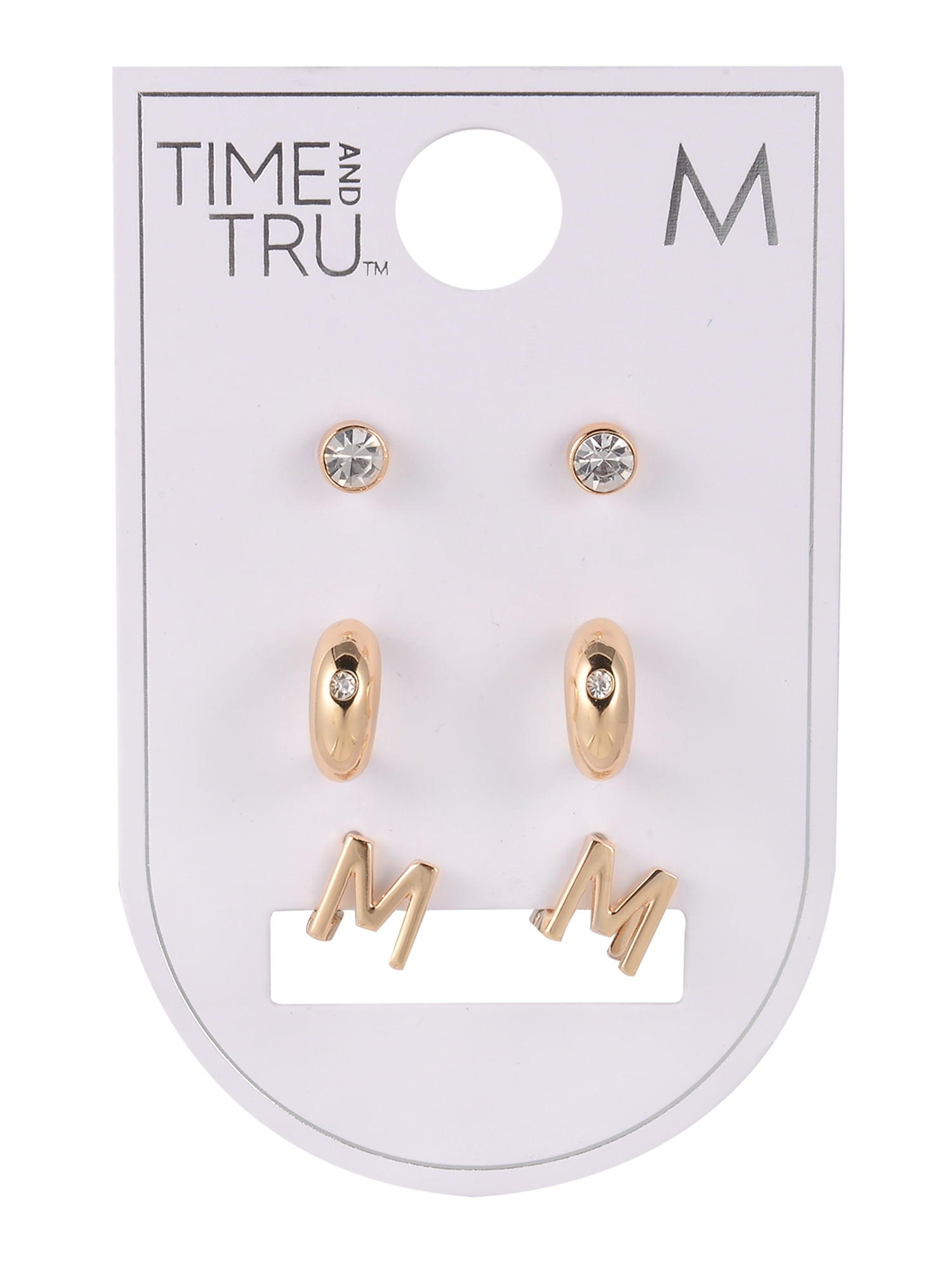 Time and Tru Goldtone 3-On Crystal Stud, Hoop, Initial "M" Earring Set
