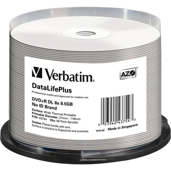 Verbatim DataLifePlus 43754 DVD Recordable Media - DVD R DL - 8x - 8.50 GB - 50 Pack Spindle