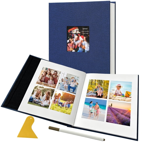 Photo Album, Linen Self Adhesive Scrapbook Album with Marker & Scraper, 20 Double Sided Blank Pages Acid Free Memory Book for Wedding Baby Family Travel Photos
