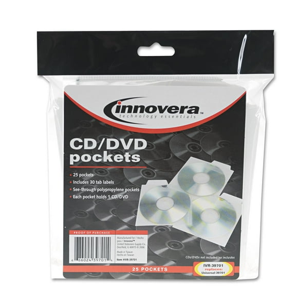 Innovera IVR39701 CD/DVD Pockets - Clear (25/Pack)