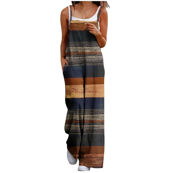 yoeyez Womens Rompers for Summer,Women Loose Wide Leg Long Jumpsuit Boho Floral Print Spaghetti Straps Baggy Playsuits Rompers Jumpsuit With Pockets Coffee,M