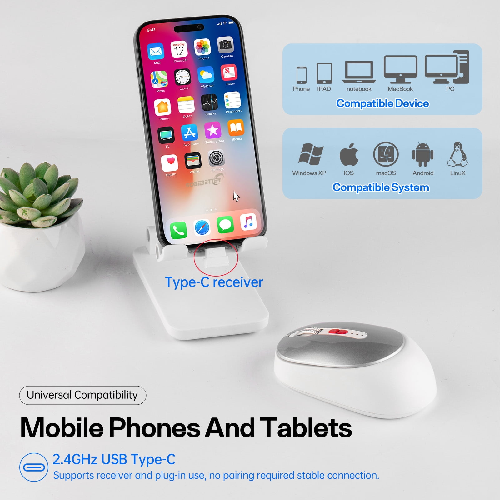 Type-C Dual Port Wireless Bluetooth Mouse, Rechargeable 2.4G/USB-C Mouse with Battery Display, for MacBook, Laptop, PC, Tablet, Phone