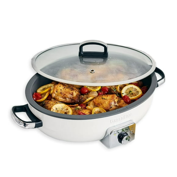 GreenPan Elite 5.5QT Electric Oval Skillet PFAS-Free Ceramic Nonstick 1800 Watt Dishwasher Safe Lid & Removable Crock Adjustable Temp Control Multi-Cooker Sear Saut? Rice Stir-Fry Cream White