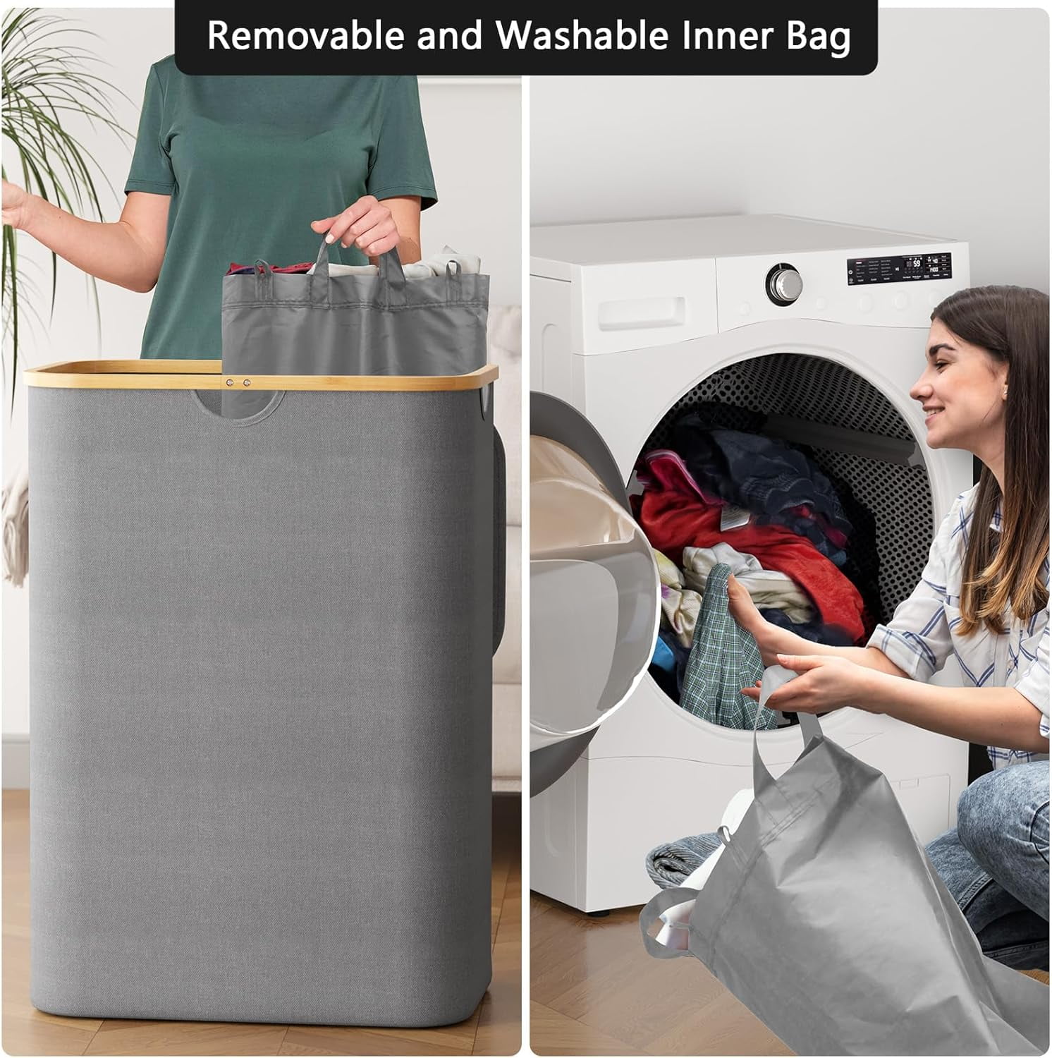 SpaceAid Double Laundry Hamper 2 Section with Lid and Removable Laundry Bags, 160L Clothes Basket, Grey