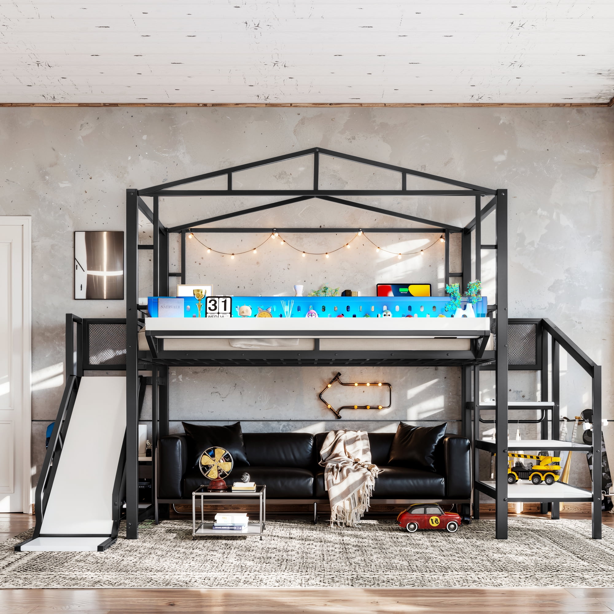 Aukfa Full Size Loft Bed with Storage Stairs, Slide, Shelves, USB Ports and LED Lights, Metal Loft Bed for Kids, Noise-Reduced Design, Black