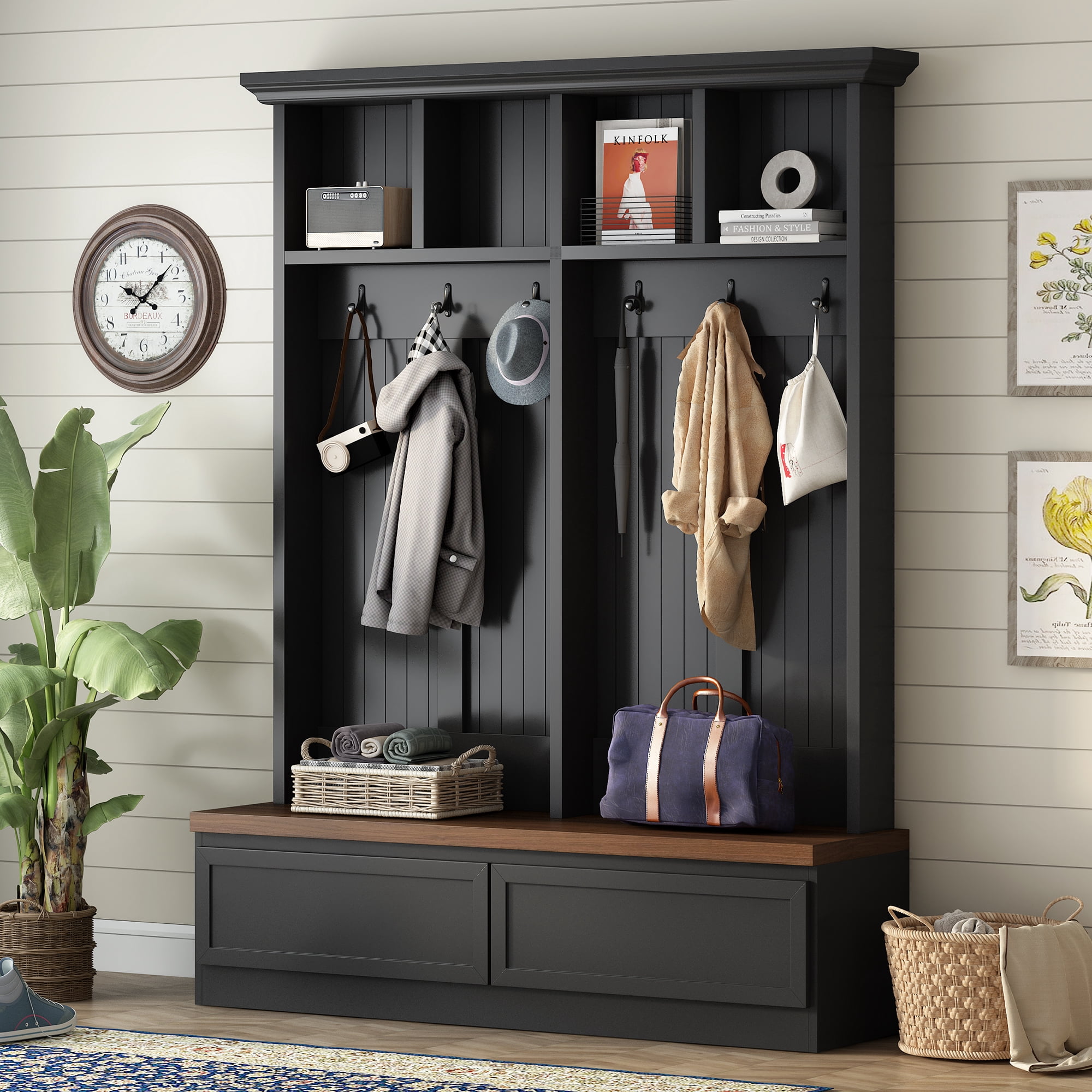 T-Foyer Farmhouse Black Hall Tree with 6 Hooks & Bench, Wooden Rustic Entryway Organizer with Open Storage & 2 Drawers