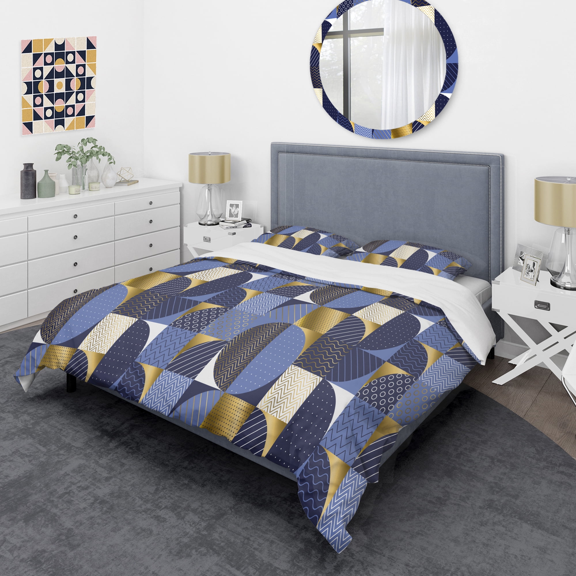 Designart 'Retro Luxury Waves In Gold And Blue IV' Mid-Century Modern Duvet Cover Set