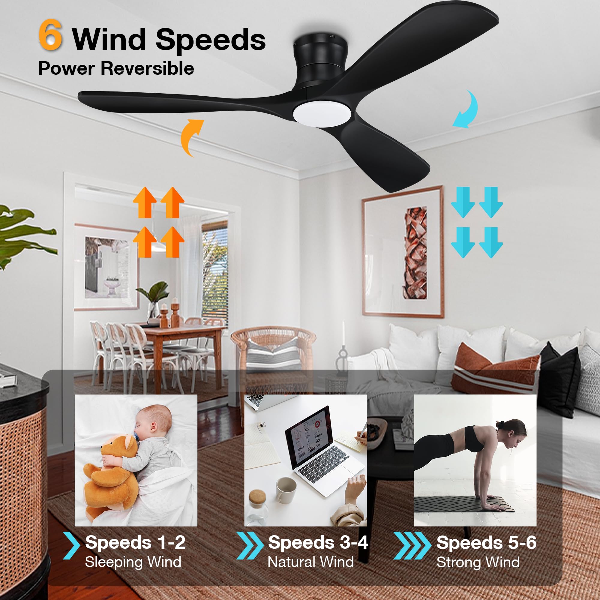 52 Inch Smart Wood Low Profile Ceiling Fan with Lights Remote,Quiet DC Motor, Modern Black for Bedroom Living Room Patio Porch, Outdoor Indoor Flush Mount Ceiling Fans Controlled by WIFI Alexa App